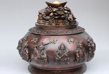 

ZSR 1011+++++FengShui China Bronze Wealth Fish 5 Mammon God Statue treasure Bowl Box