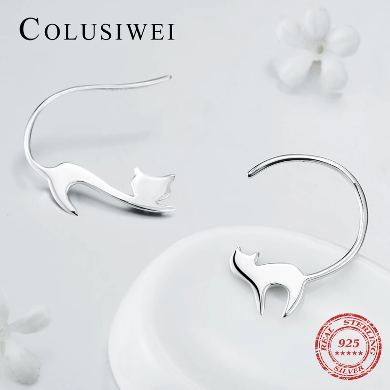

COLUSIWEI Animal Authentic 925 Sterling Silver Cute Napping Little Cat Drop Earrings for Women Solid Silver Jewelry Gift
