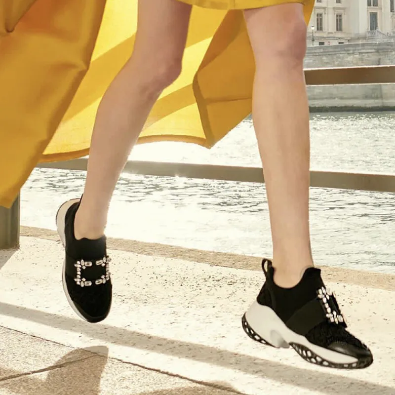 

New Spring Summer 2019 Square Buckle Rhinestone Casual Shoes Mesh Breathable Trainers Slip On Low Toe Casual Women Shoes