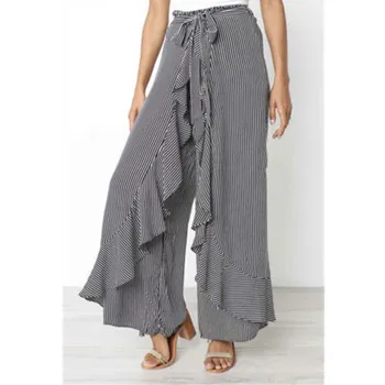 

Women's OL Office Striped Ruffles Wjde Leg Pants Summer Fashion Cotton Loose Stretch High Waist Wide Leg Pants Palazzo Trousers