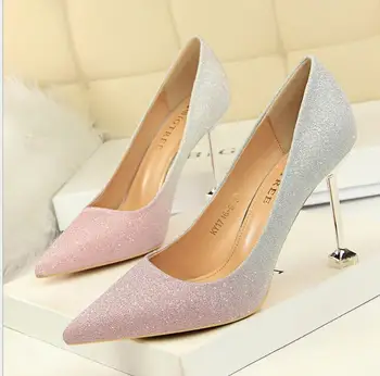 

Wedding shoes high heels fashion color matching shiny color gradient sexy thin pointed cat eyes with single shoes banquet shoes