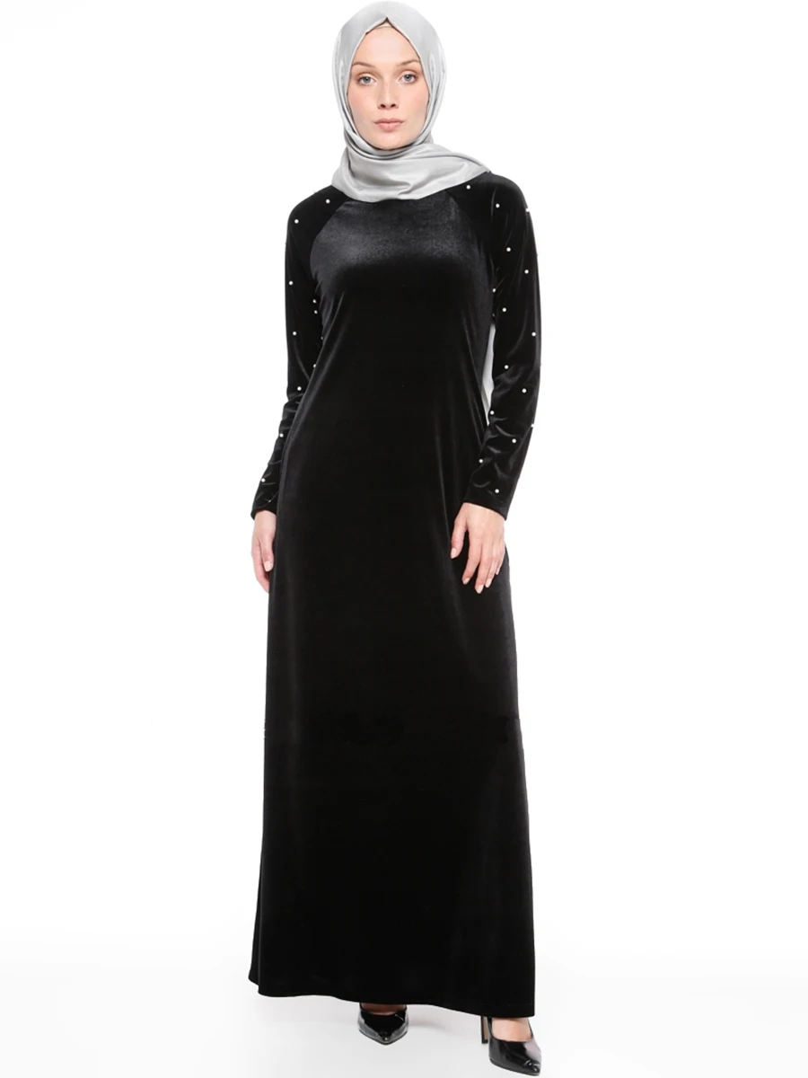Новинка, мусульманское платье большого размера, однотонное бархатное, с бисером, повседневное, Абая, Арабская одежда, Дубай, кафтан, мусульманские женские длинные платья макси, 085