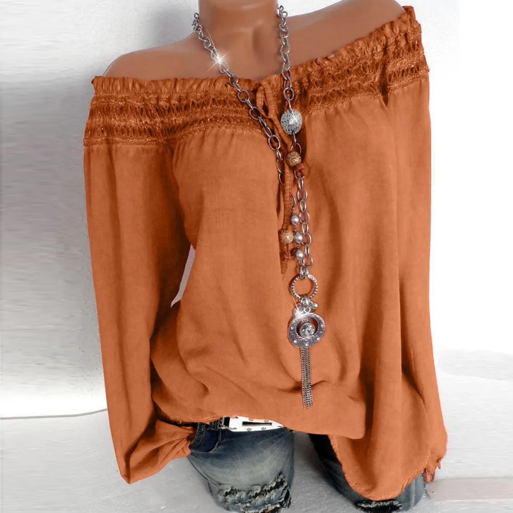 

CHAMSGEND Fashion Women One Word Collar Lace Stitching Solid Color Long Sleeve Shirt Casual Daily Long Sleeve Blouse Au14 P