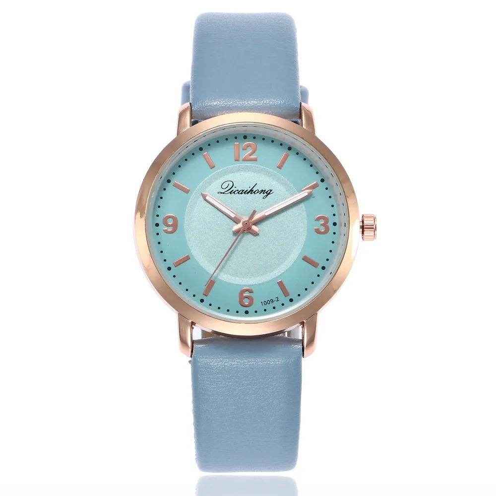 

New Women's Watches PU Leather Band Analog Ladies Quartz Round Wrist Watch in Blue Green Gray Pink Purple Horloges Vrouwen