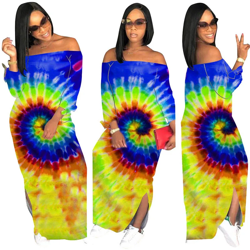 

Tie Dye Casual T Shirt Dress Women Off Shoulder Slash Neck Long Sleeve Loose Maxi Dress Slit Side Streetwear Party Long Dress