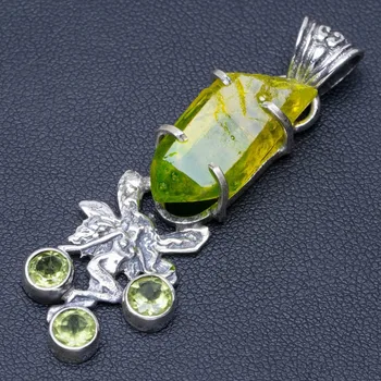 

Natural Yellow Aura Quartz&Peridot Punk Style 925 Sterling Silver Pendant 2" Q0959