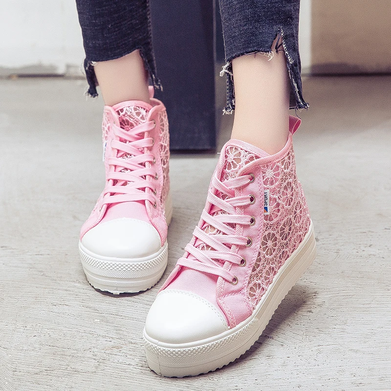 

wedges sneakers cutouts lace canvas shoes women shoes flower breathble platform flat shoes