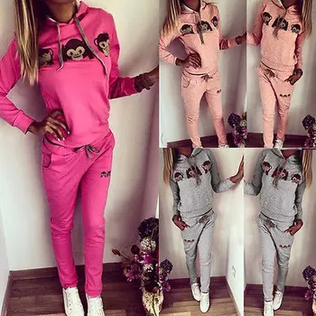 

Hot Sales NEW Arrivals Women Ladies Casual Cartoon Monkey Long Sleeve Hooded Shirts+Long Pants Tracksuit Women Set