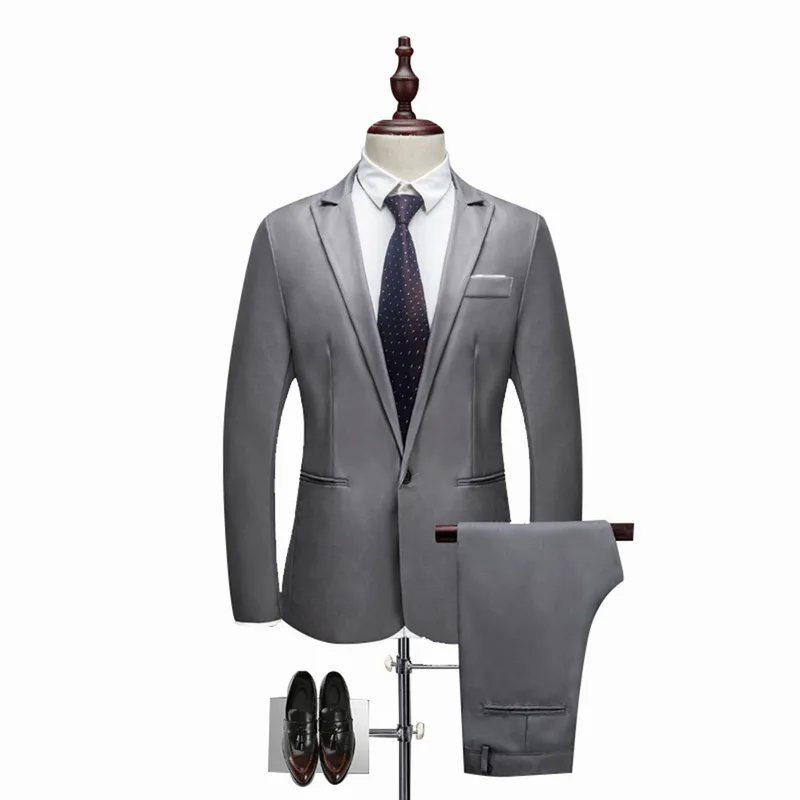 HEFLASHOR Luxury Men Wedding Suit Male Blazers Slim Suits For Men Costume Business Formal Party Blazers Sets(Jacket+Pant) 3XL - Цвет: Gray