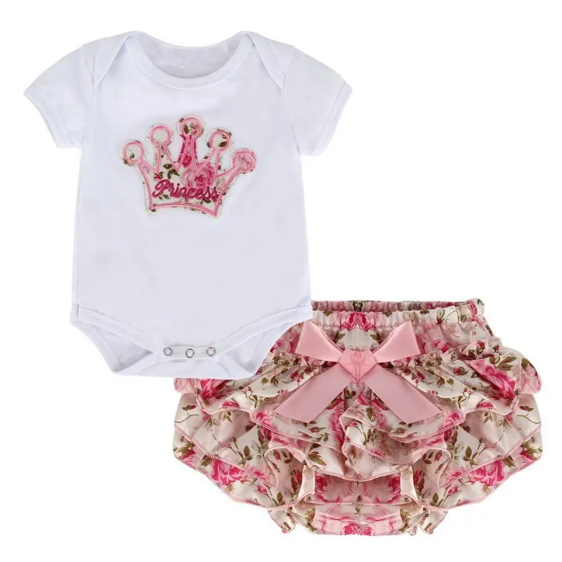 Summer 0-18M Cute Newborn Baby Girls Solid Color Crown Print Clothes Short Sleeve Bodysuit + Lovely PP Pants 2 pcs Set