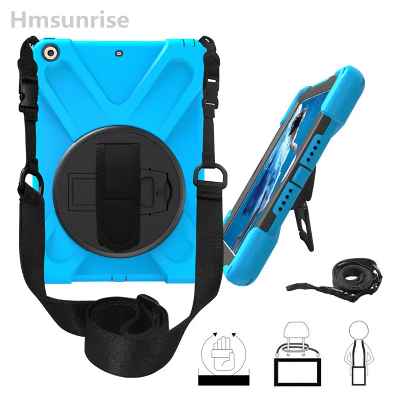 

Hmsunrise Shoulder Strap case for apple ipad 9.7 2017 A1822 A1823 Kids Safe Shockproof Heavy Duty Silicone Hard Cover kickstand