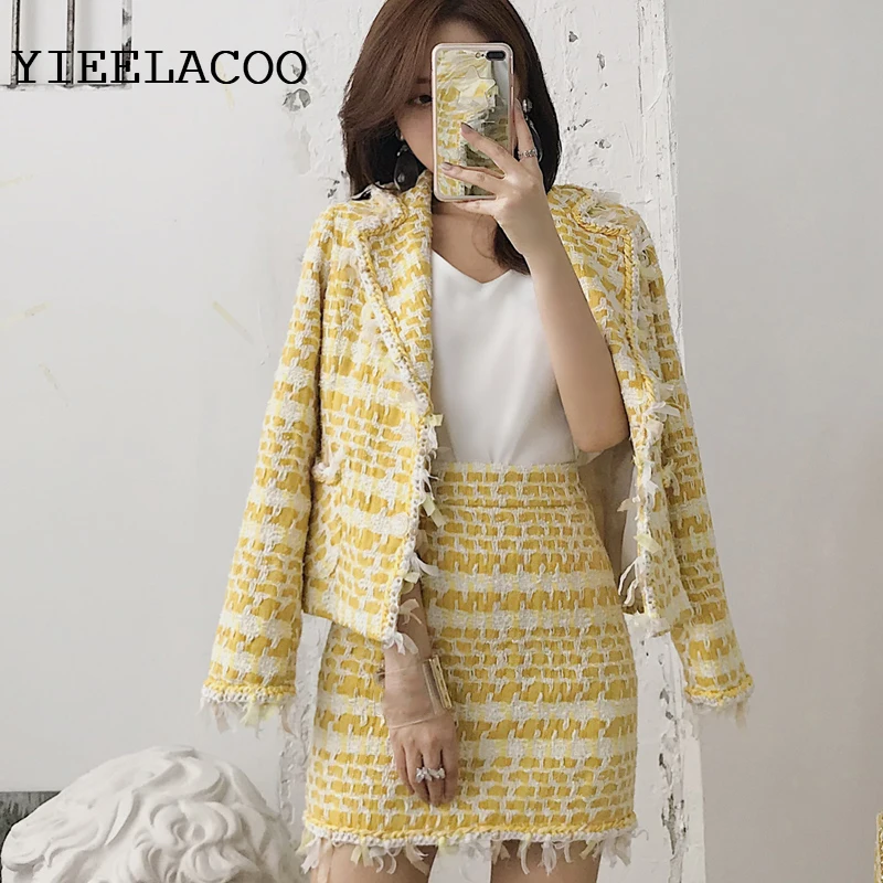 yellow tweed suit