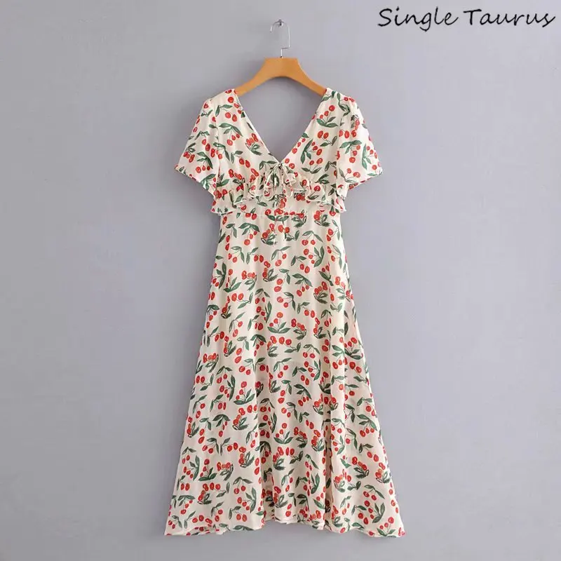 

Fruit Cherry Print Summer Dress Women V-neck Ruffles Short Sleeve Robe Femme Streetwear Mid Dress Bohemia Beach Holiday Vestido