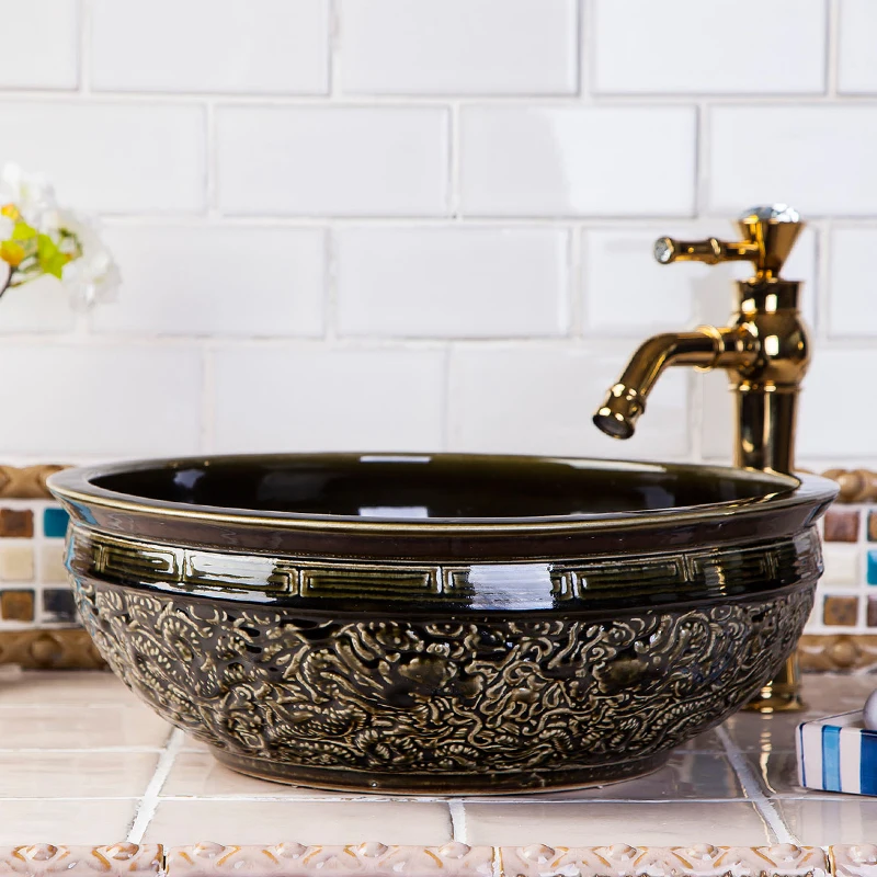 China Vintage Style Ceramic Art Basin Sinks Counter Top Wash Basin Bathroom Vessel Sinks