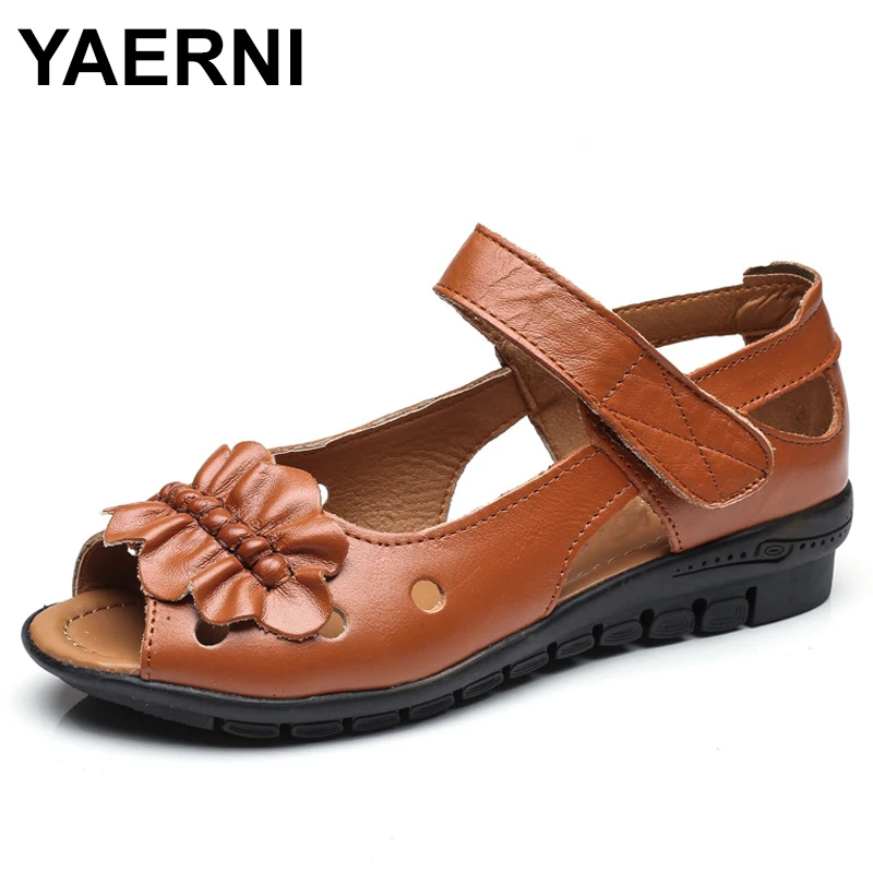 

YAERNI 2018 Summer Women Shoes Ladies Soft Comfortable Genuine Leather Casual Flat Sandals Mother Fashion Open Toe Sandals