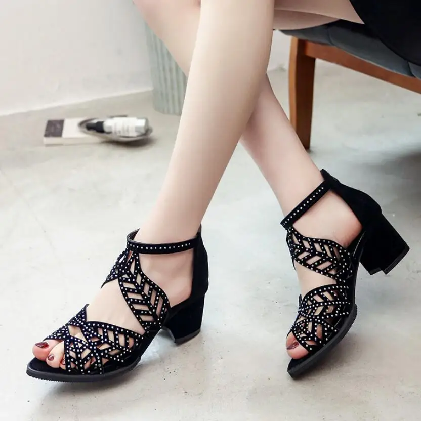 

2019 Hot Women Sandals Summer Hollow Out Faux Leather Rhinestones Thick Heel Zipper Sandals Shoes Plus Size 35-41 B1317