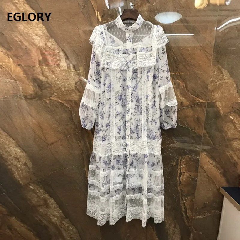 

Chic Dress 2019 Summer Fashion Style Women Stand Neck Vintage Flower Print Sexy Sheer Mesh Lace Patchwork Long Sleeve Dress