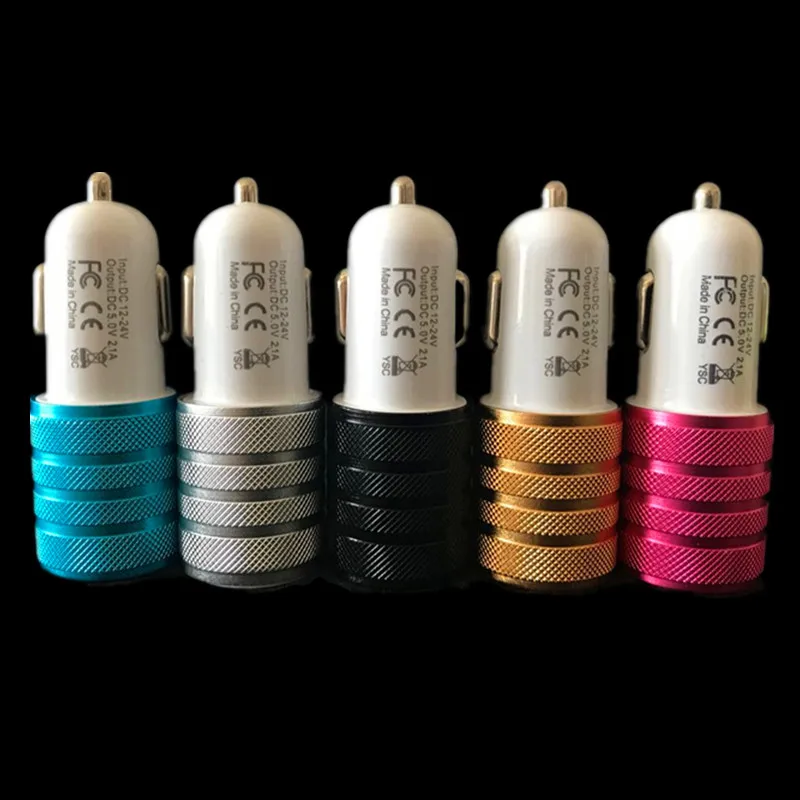 

100pcs/lot universal Aluminum Alloy 2.1A+1A Dual USB Ports Car Charger For iPhone X 8 7 6 5 For samsung S8 NOTE8