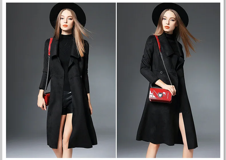 AYUNSUE/осенне-зимняя замшевая ветровка для женщин, элегантный длинный Женский Тренч с лацканами, черный, красный, верхняя одежда casaco feminino LX2016