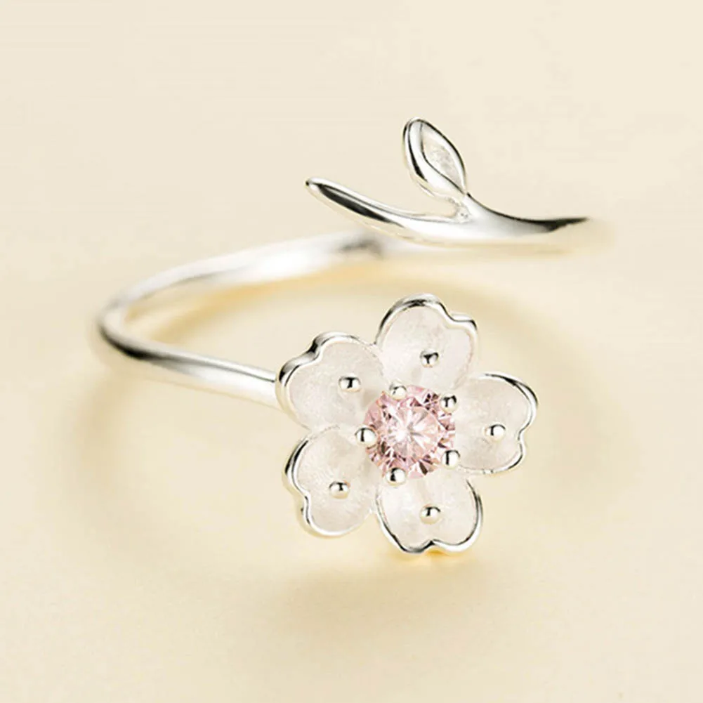 

New Arrivals Cherry Blossoms Flower Rings Silve 2018 for Women Female Adjustable Size Ring Fashion jewelry