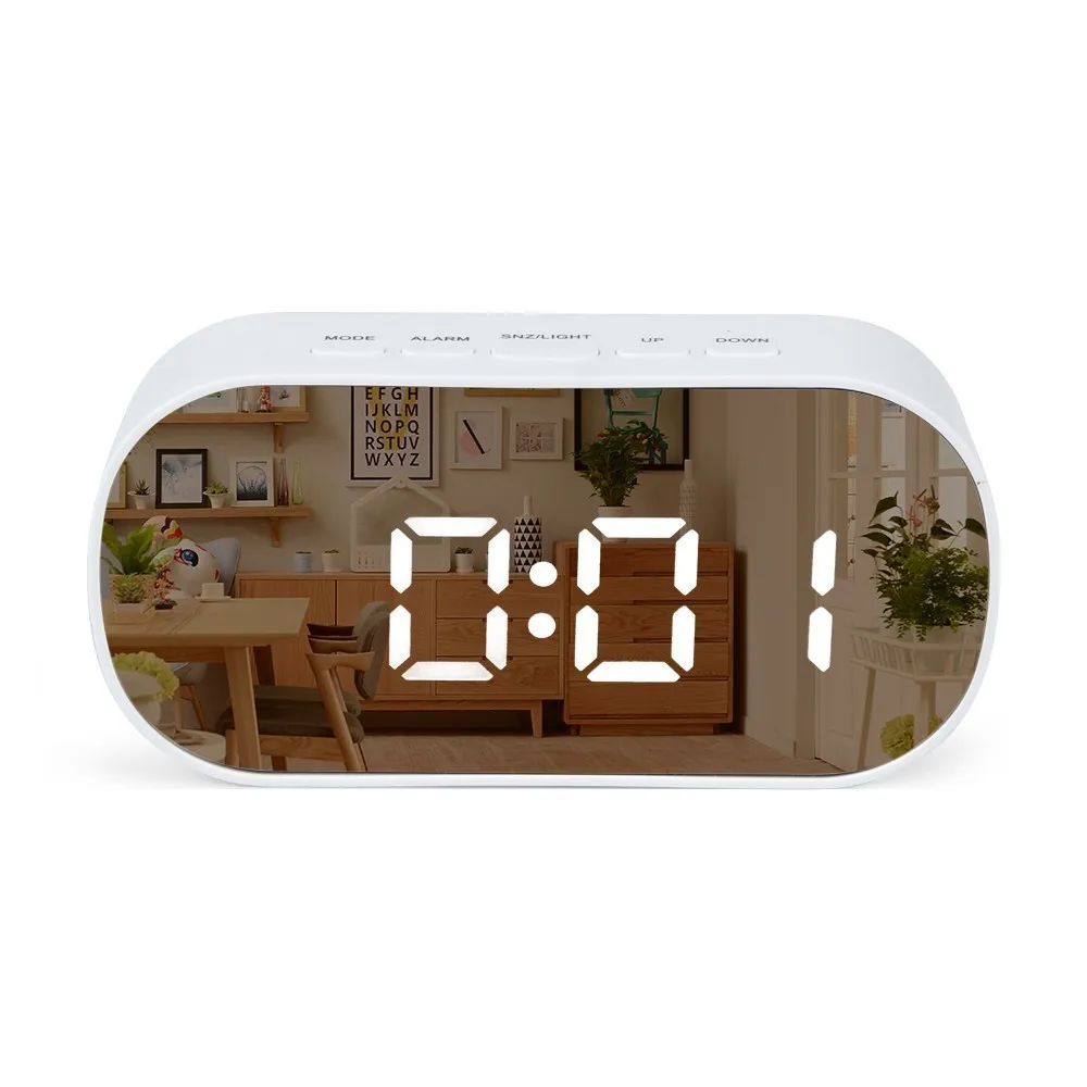 

New Mirror LED Alarm Clock Round/Oval Digital Snooze Table Clock Backlight Electronic Time Temperature Display Home Decoration