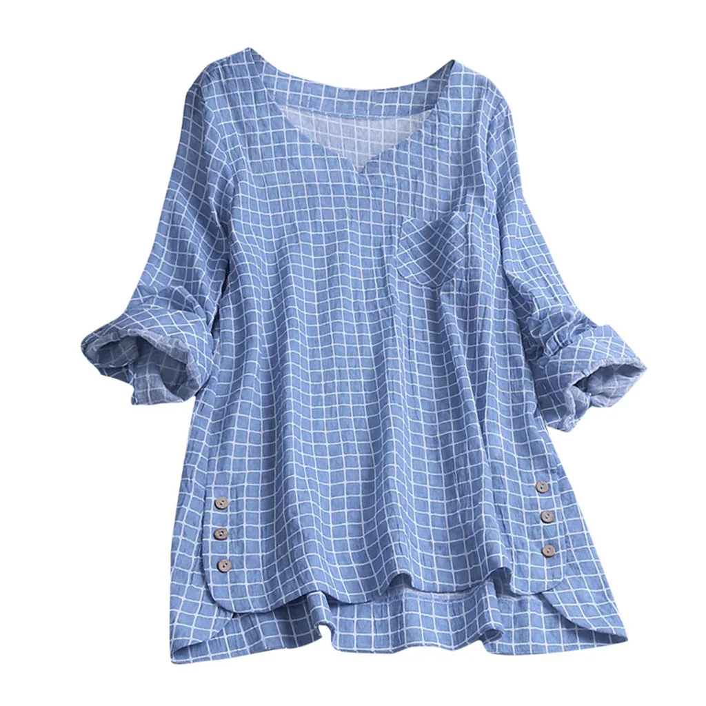 

2019 MAXIORILL Women Casual Plus Size Cotton Tops Tee Vintage Plaid Button Loose Хлопковые и льняные топы W