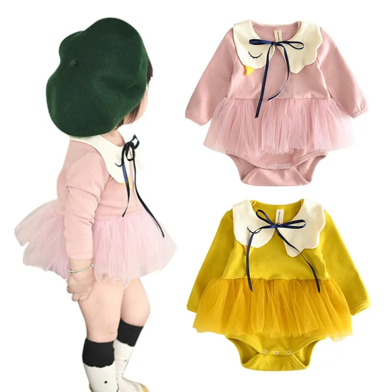 

Lace Bow Peter Pan Collar Toddler Baby Girls Casual Mesh Tutu Romper Jumpsuit Sequins Bow Long Sleeve Playsuit Baby Girl Clothes