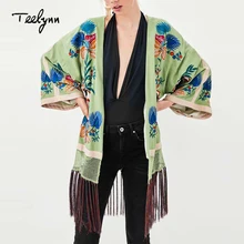 TEELYNN пальто Бохо для женщин осень зеленая Цветочная Яркая вышивка, рукава Куртка бахрома длинное пальто хиппи женская верхняя одежда