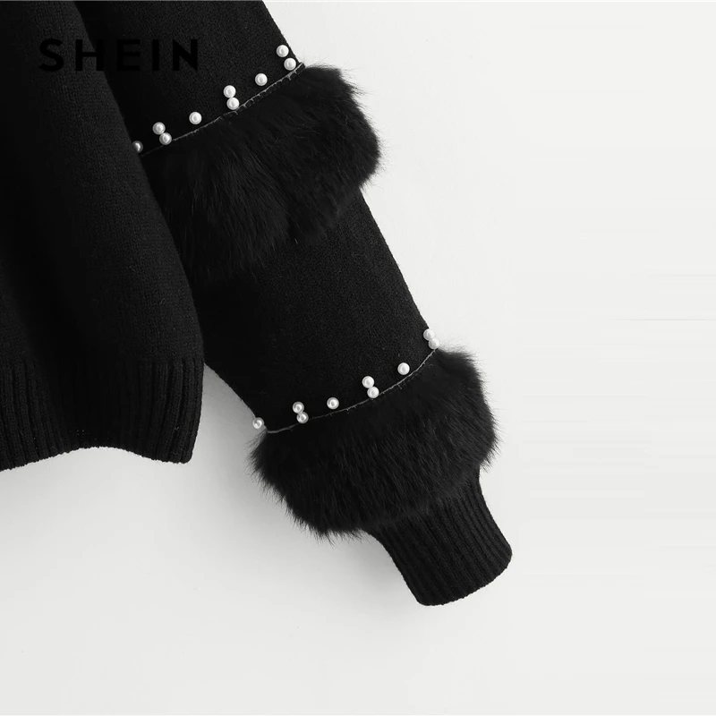 SHEIN Black Highstreet Elegant Pearl Beading Faux Fur Detail O-Neck Pullovers Jumper 2018 Autumn Casual Campus Women Sweaters SHEIN Black Highstreet Elegant Pearl Beading Faux Fur Detail O-Neck Pullovers Jumper 2018 Autumn Casual Campus Women Sweaters