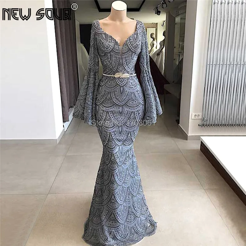

In Stock V neck Muslim Evening Dresses Lace New 2019 Mermaid Saudi Arabic Long Prom Party Gowns Turkish Kaftans Vestido De Festa