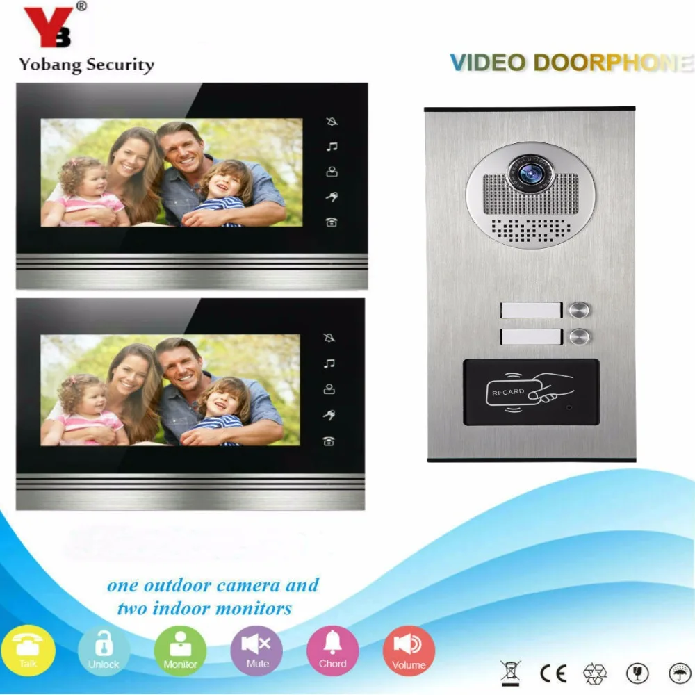 Yobangsecurity телефон видео домофон запись Системы 7 "дюймовый видео Дверные звонки двери Камера RFID Управление доступом 1 Камера 2 Мониторы