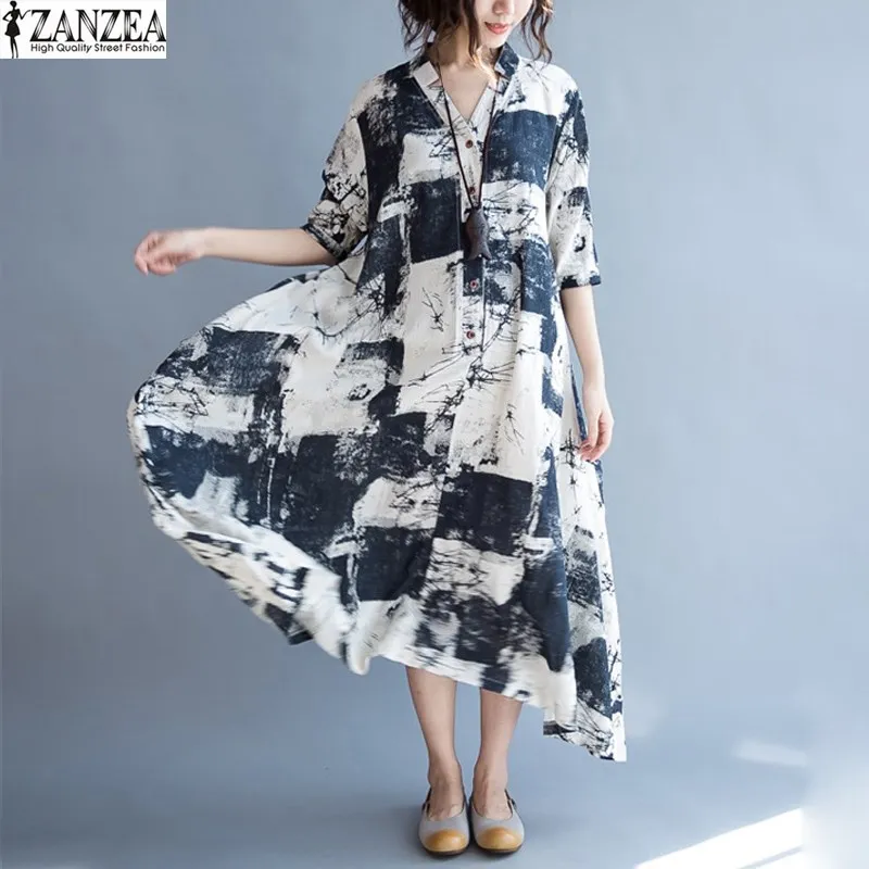 2017 Zanzea Boho Women Oversized Floral Printed Vintage Retro Short Sleeve Buttons Long Maxi Shirt Dress Party Vestido Plus Size plus-floral-dress : image 2017 Zanzea Boho Women Oversized Floral Printed Vintage Retro Short Sleeve Buttons Long Maxi Shirt Dress Party Vestido Plus Size plus-floral-dress