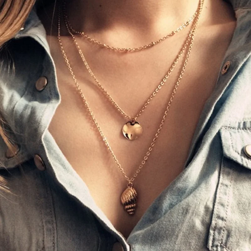 Новая мода золотого цвета Cowire Shell Conch Многослойная цепь Ожерелье Подвеска для женщин винтажное ожерелье с морской звездой ювелирные изделия - Окраска металла: As photo