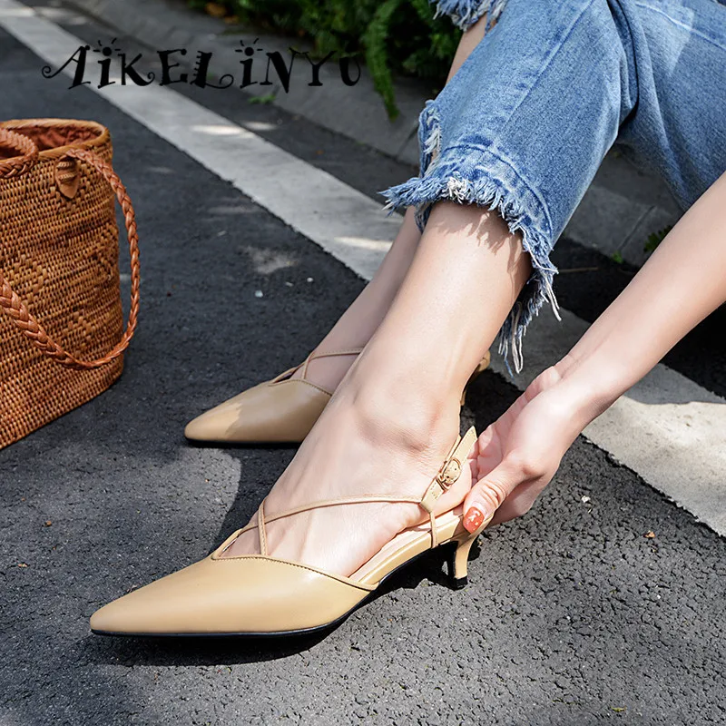 

AIKELINYU Summer Women High Heel Shoes Sexy Pointed Toe Work Office Shoes Low-heel Handmade Cross tied Sandals Ladies Khaki Pump