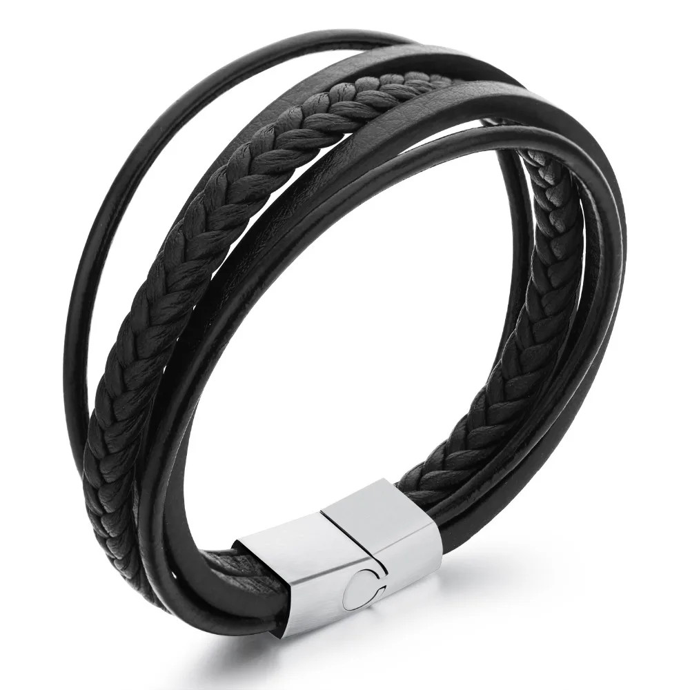 

Multilayer Genuine Leather Rope Chain Man Bracelets Classical Simple Design Men Jewelry With Magnet Buckle