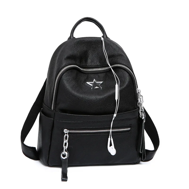 

High Quality Genuine Leather Rucksack Star Pattern Fashion Knapsack School Daypack Book Bag Real Cowhide Black Women Backpack