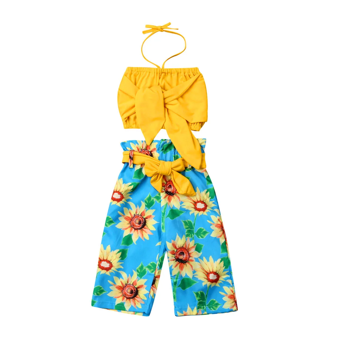 

2019 Summer Toddler Kid Baby Girl Vest Crop Bow Tops +Sunflower Print Long Pants Outfits Clothes Summer