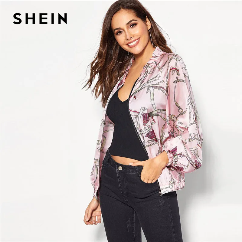 

SHEIN Pink Zip Up Equestrian Print Ruffle Stand Collar Jacket Autumn 2019 Casual Regular Zipper Women Coat Outerwear