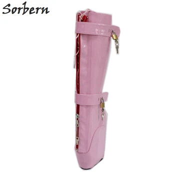 

Sorbern Pink Sexy Fetish High Heel Boots For Women Knee High Ballet Wedge Lockable Hoof Sole Heelless Pointed Boot Unisex