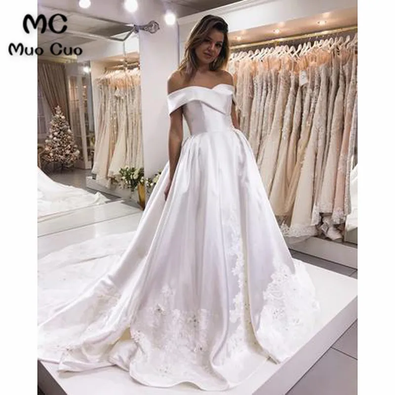 Elegant Off The Shoulder Long Prom Dresses Applique Sweep Train Satin Wedding Dresses