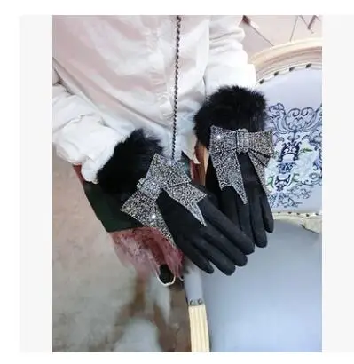 2019 кроличий мех горный хрусталь полный алмазов сверкающий бант указательный палец указывая теплые женские зимние перчатки утолщение