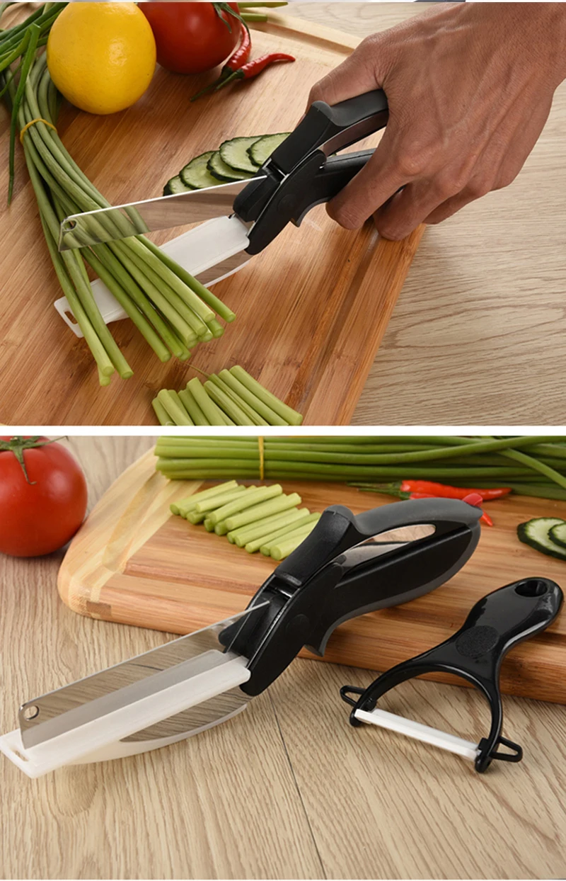 Розничная коробка smart 2 в 1 резак нож и доска из нержавеющей стали резак мясо сыр, овощи ножницы