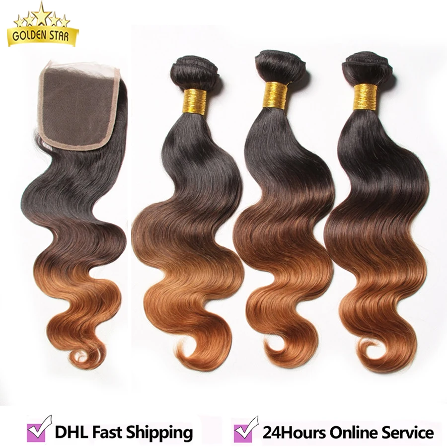 Ombre Brazilian Virgin Hair With Closure 3 Bundles Body Wave With Closure Rosa Hair Products Ombre Human Hair Weave With Closure