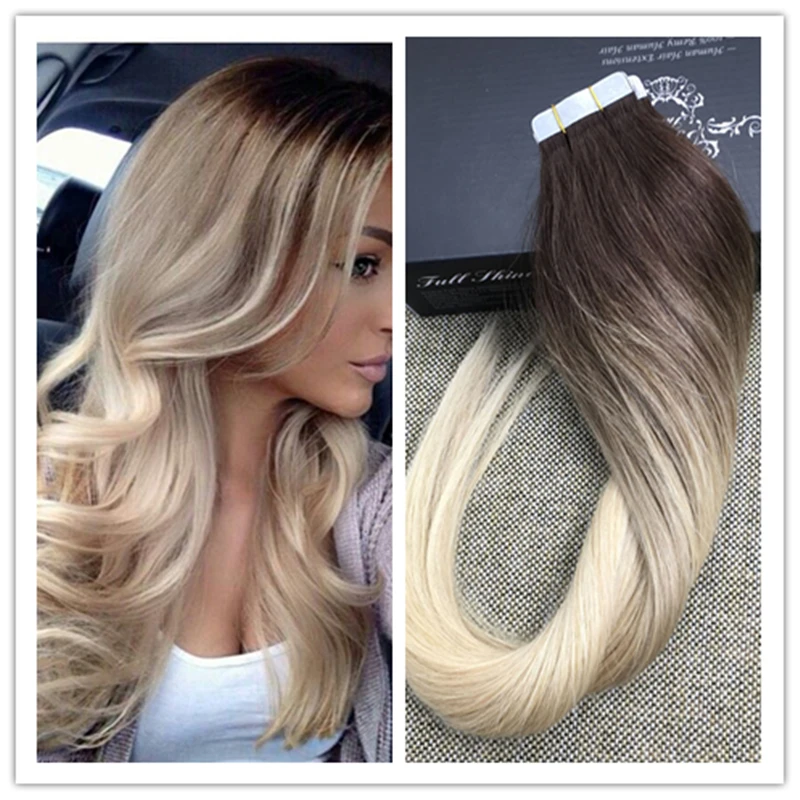 Full Shine Real Human Hair Tape Extensions Glued In Human Hair
