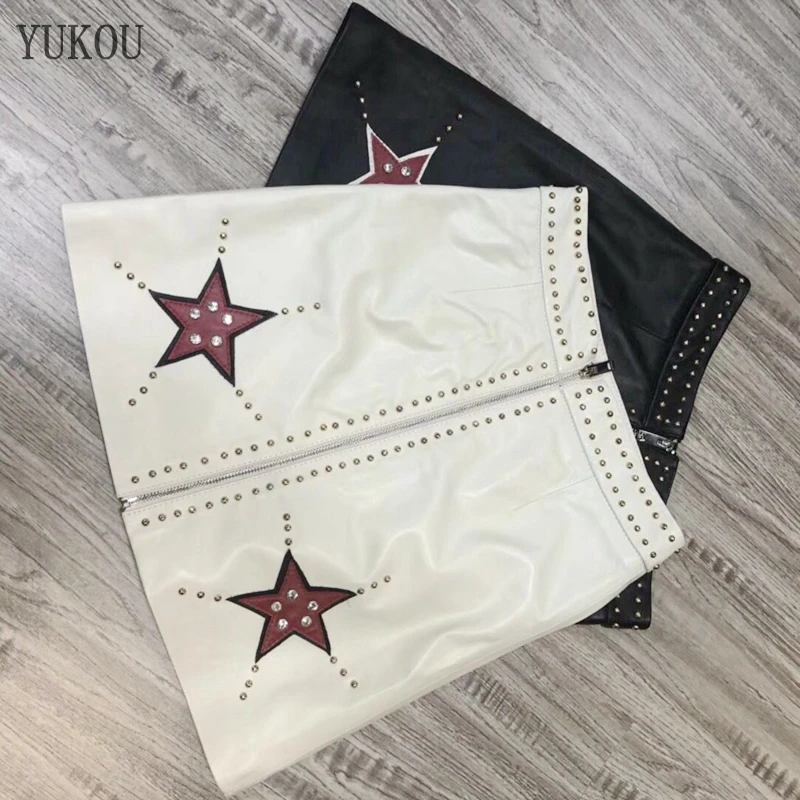 

Short Skirt Sheepskin Genuine Leather 2018 Fashion Rivet Five-pointed Star Female Short Design A Real Slim Hip Skirt