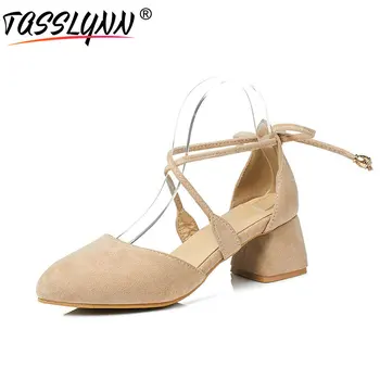 

TASSLYNN 2019 Cross-tied Women Pumps Shoes Flock Sweet Style Hoof High Heels Pointed Toe Spring Pumps Woman Shoes Size 34-43