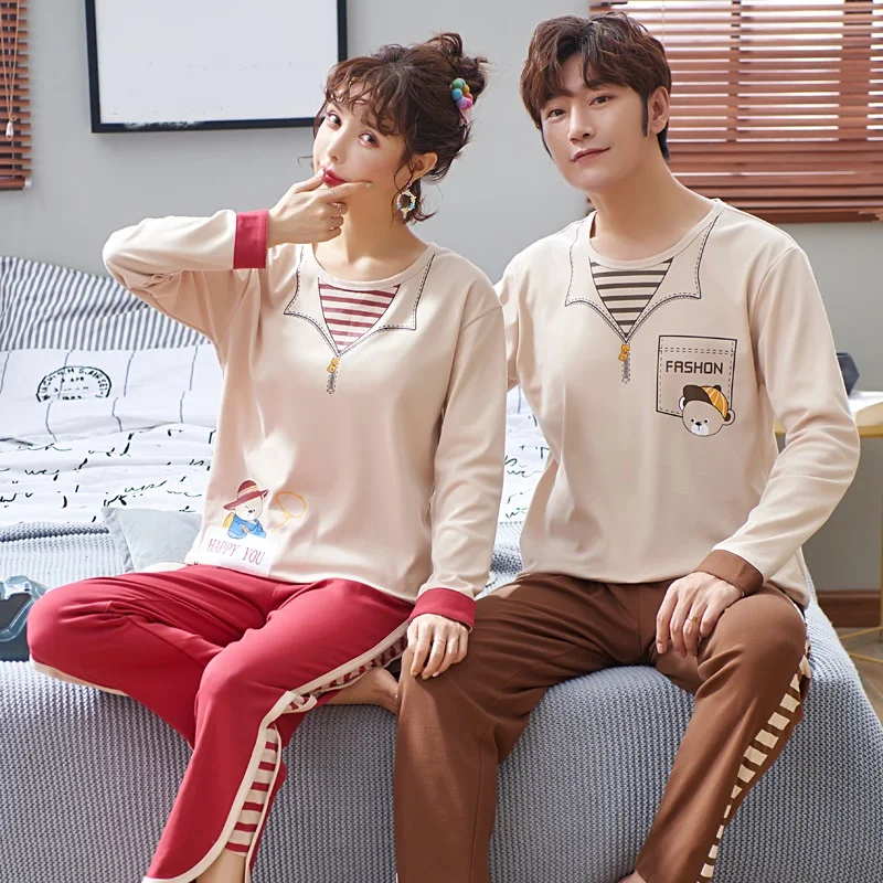 Autumn 100%Cotton Pajamas For Couple Cartoon Pajama Set Winter Pyjamas Women Long Sleeve Round Neck Cute Soft Plus Size Pijamas