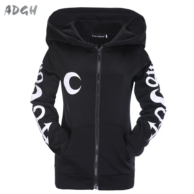 

Drop Ship Gothic Witch Moon Printed Hoodies Sweatshirt Casual Black Zip Up Outerwear Hooded Jacket Long Sleeve