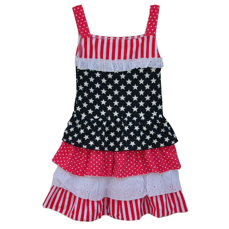

Minnie Top 4th July Girls Clothes Summer Dress Star Printing Red Lacing Satin Trim Multi-layers Cake Hem Toddler Girls J013