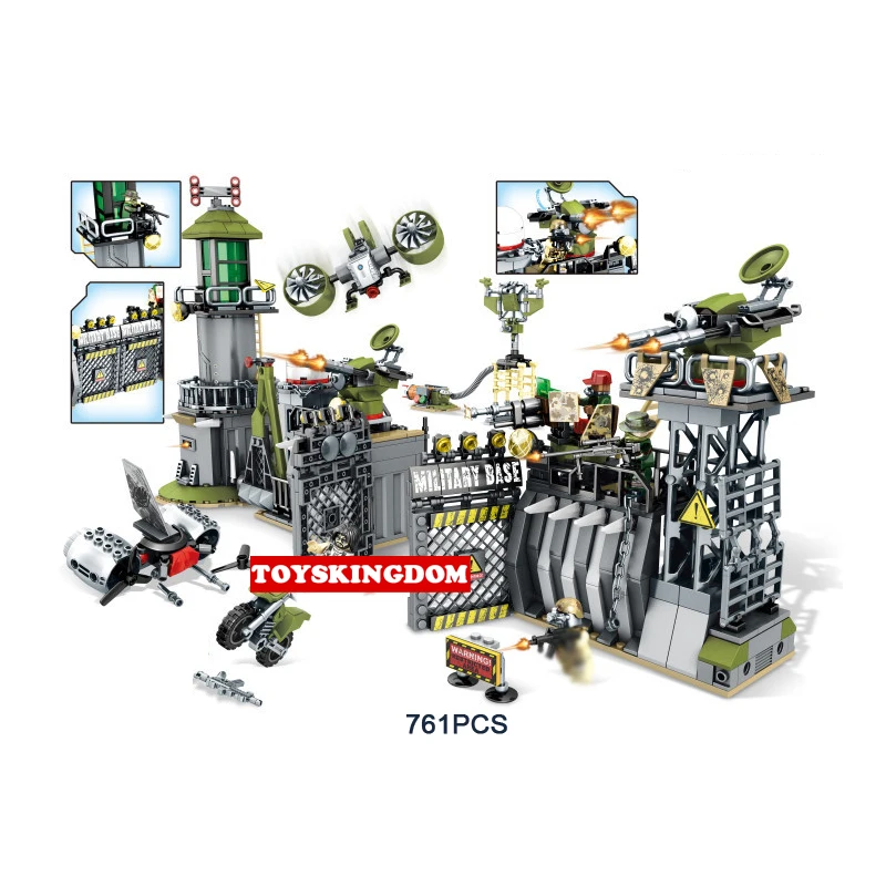 

Hot Modern Military Base Perimeter Guards on Camp Walls Building Block Army Figures Motorcycle Aerocraft Bricks Toys for Boys